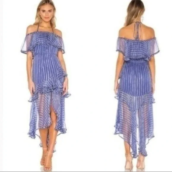 Misa Los Angeles Dress Blue Gold Medium Ambrosia Ruffle Hem Boho Festival NEW - Picture 2 of 16